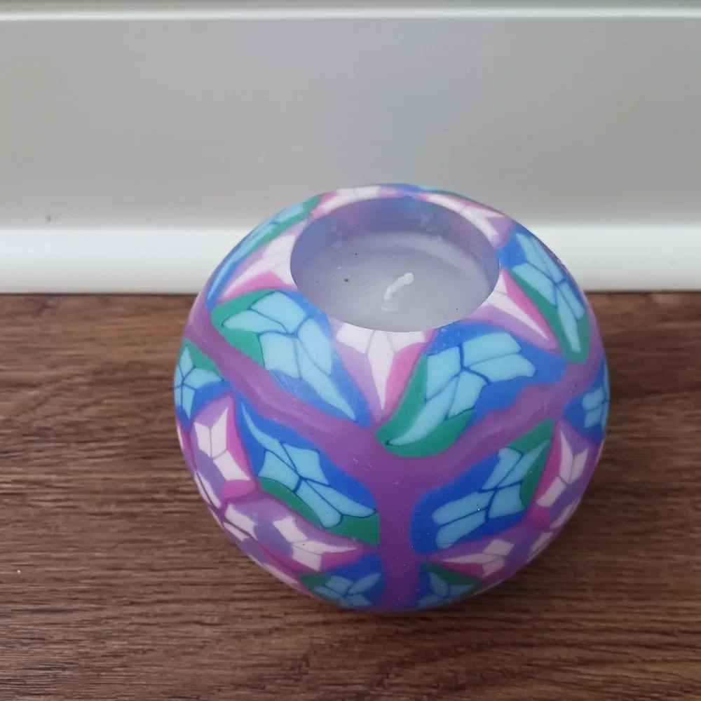 Western Sun Creations Sphere Candle Purple Blue Floral Mosaic Millefiori 4 inch